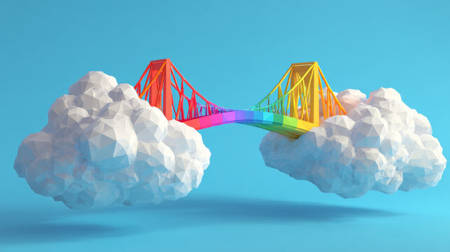 Rainbow bridge connecting two clouds in a blue sky.