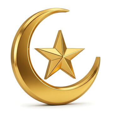 Shiny golden crescent moon and star symbol isolated on white background