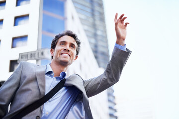 Travel, businessman and calling taxi in city for outdoor lift or public transportation. Happy man,...