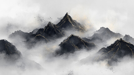 Obraz premium Ink wash painting of majestic mountains shrouded in mist, an atmospheric landscape illustration