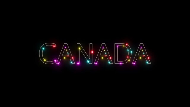 Glowing Colorful LED Light Canada Text Animation, black background, Animated Neon Outline Country Typography for Canadian National Day, 4K Motion Graphics,