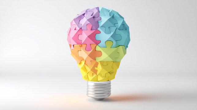 Creative light bulb formed by colorful puzzle pieces.