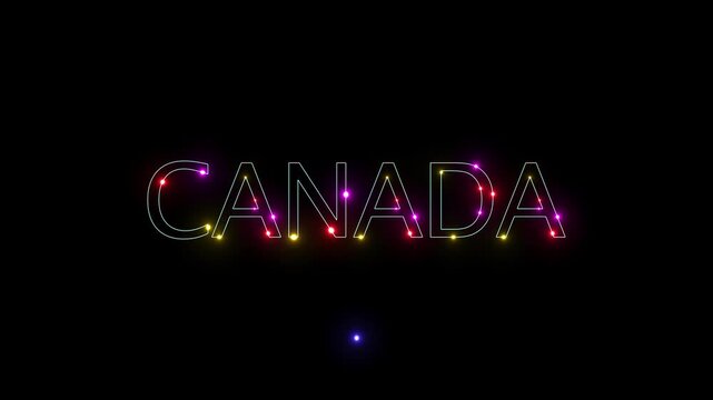 Glowing Colorful LED Light Canada Text Animation, black background, Animated Neon Outline Country Typography for Canadian National Day, 4K Motion Graphics,