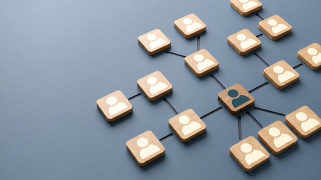 Human resources organizational chart network featuring connected wooden blocks representing corporate leadership and team structure
