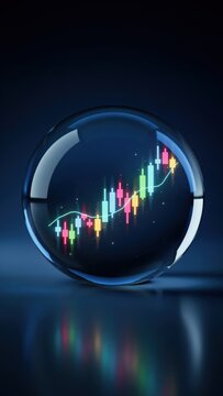 Financial market data represented by a glowing candlestick chart and line graph inside a glass sphere on a reflective surface.