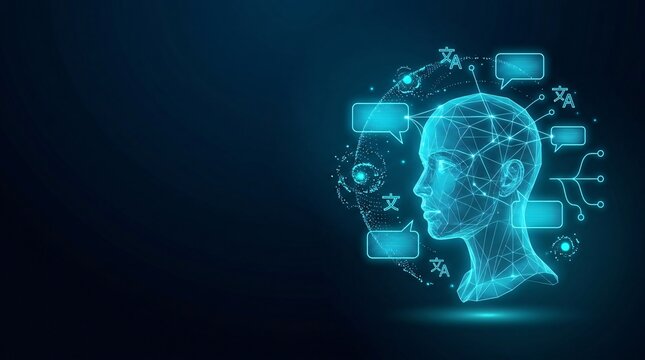 Abstract digital wireframe human head with connecting lines and data nodes technology concept artificial intelligence technology cybernetics innovation computing