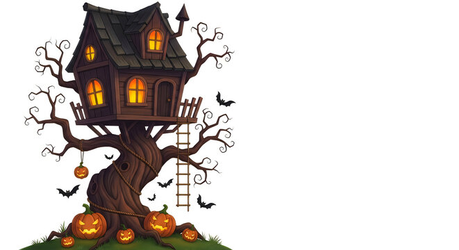 Spooky haunted tree house illustration for a fun and festive hallowen party celebration