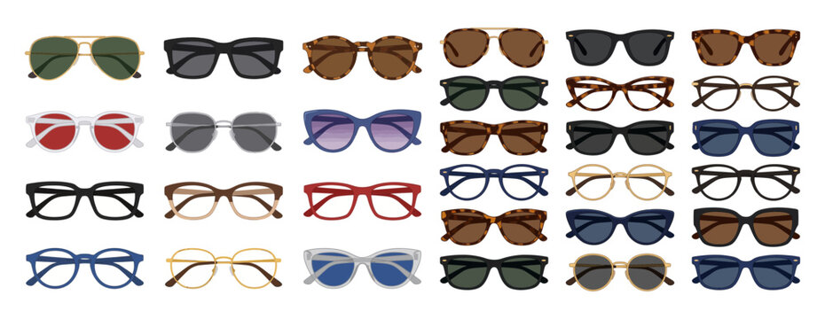  Collection of various sunglasses and eyeglasses. Set of modern eyewear frames on white background