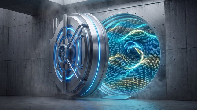 Open bank vault door with glowing digital data portal