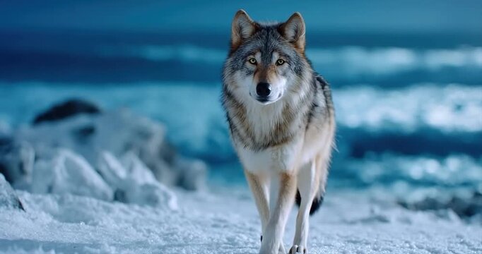 Lone wolf walks through icy landscape under twilight sky