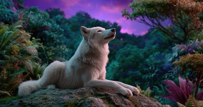 Majestic white wolf relaxing outdoors lush forest enchanted atmosphere