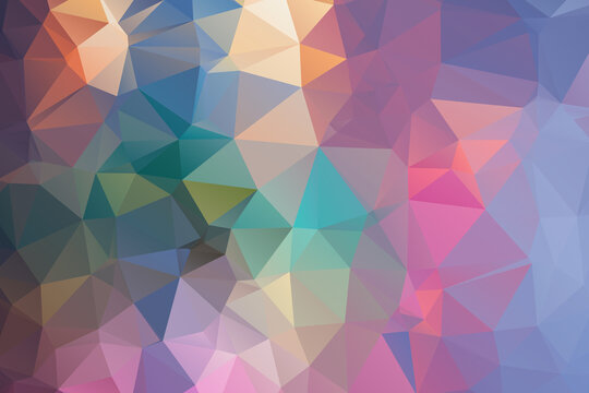 Abstract low poly background featuring vibrant palette of geometric triangles in pastel pink, magenta, periwinkle blue, teal, orange, and soft cream tones. Triangular polygonal mosaic texture