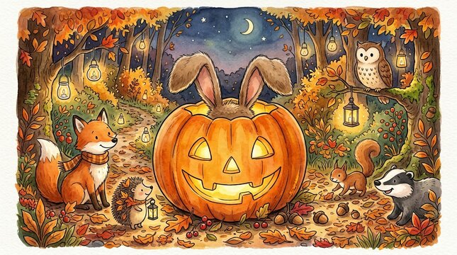 Rabbit Hiding Inside a Giant Jack-o'-Lantern