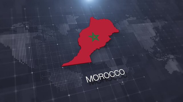 Morocco map with national flag on digital world map background, geographic border, global political and international news concept