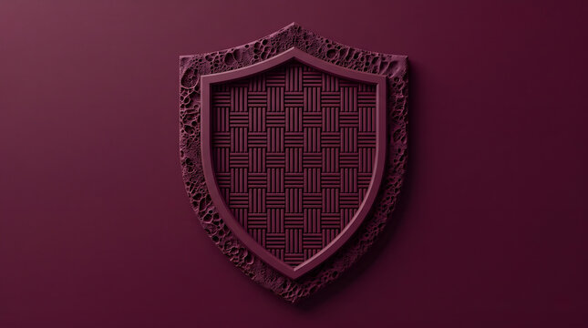 3D Geometric Shield Wall Art With Basketweave Pattern On Deep Burgundy Background