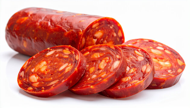 Sliced Spanish chorizo sausage isolated on white background, vivid deep-red cured meat with visible paprika, fine marbling and rustic texture, appetizing culinary food. Close-up.