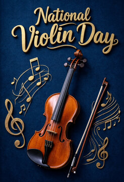 Beautiful violin with musical notes and bow celebrating national violin day in style