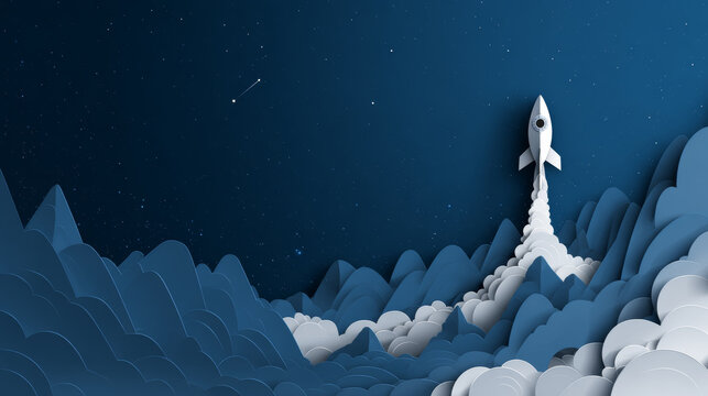 Paper-cut style rocket flying through the starry night sky