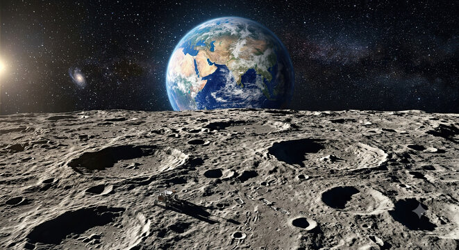 A dramatic view of Earth appearing above the rugged lunar surface, surrounded by the darkness of deep space and distant stars. The composition represents lunar exploration, Earth observation, astronom