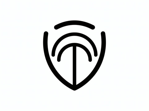 Abstract line art logo combining a protective shield with radiating signal waves and a central pillar. Vector emblem for cybersecurity, wireless network, privacy, and technology protection.