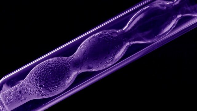 Time lapse close-up of violet liquid is being condensed on walls of the bulb lab condenser isolated against dark background