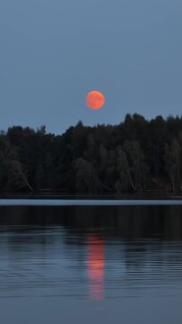 Bright red full moon rising above dark forest treeline, casting vibrant reflection upon calm lake surface during twilight hour evening sky. Picnic, camping and outdoor recreation. Vertical shot