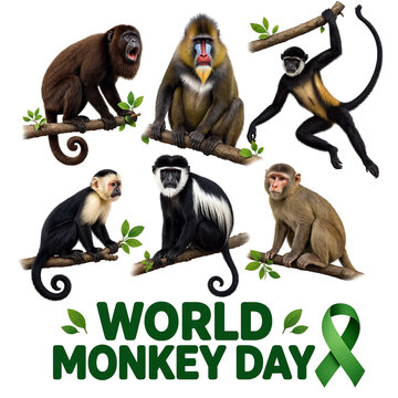 Colorful group of different monkey species celebrating world monkey day together happily