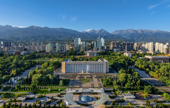  A drone view of the Akimat (city hall) of the Kazakh city of Almaty on a summer morning.