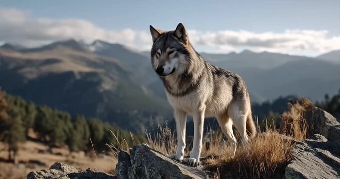 Wild canine standing on rocky outcrop with mountain landscape background