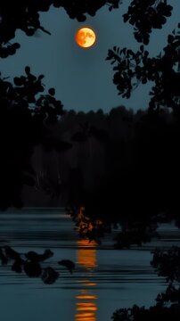 Orange full moon over dark forest silhouette, calm lake water reflecting glowing lunar light. Late evening twilight sky. Picnic, camping and outdoor recreation. Vertical shot