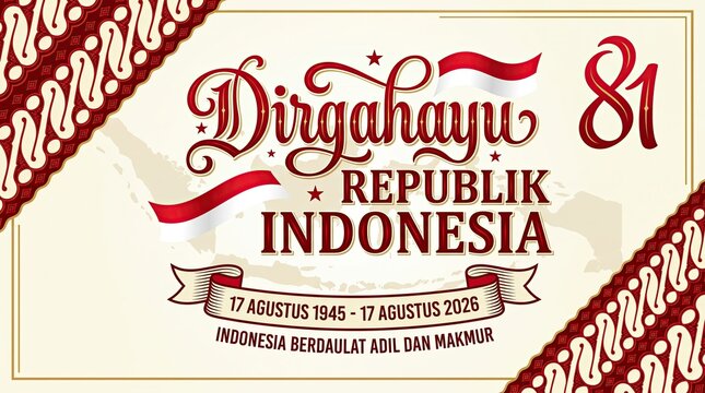 81st Indonesia Independence Day classic horizontal banner featuring traditional batik border patterns elegant red script typography