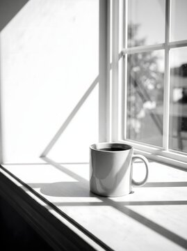 Monochrome Morning Serenity Coffee Mug on a Sunny Windowsill with Geometric Shadows and Blurry Outdoor View