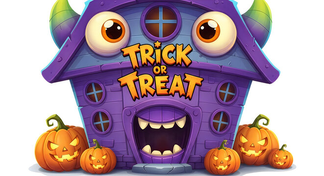 Spooky monster house illustration for a fun hallowen trick or treat party event