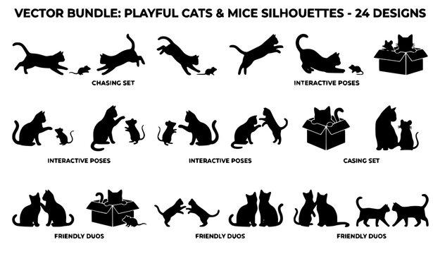 Professional Cat and Mouse Playing Silhouette Vector Illustration Bundle with Cute Animal Icons for Kids and Pet Designs