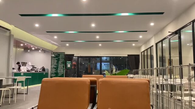 Modern cafe interior with cozy seating and minimalist design