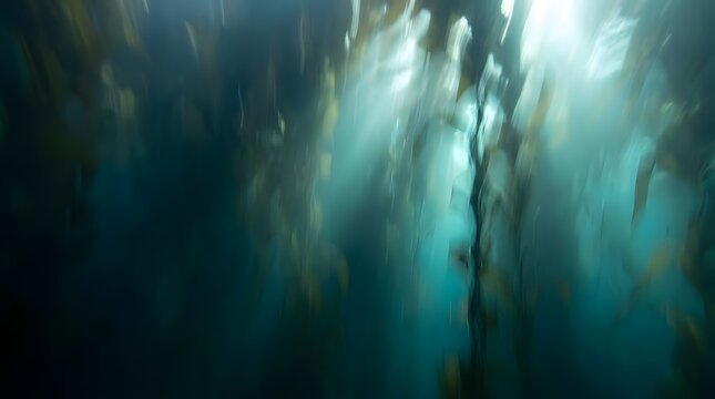 Abstract underwater kelp forest with sunlight rays in deep blue sea