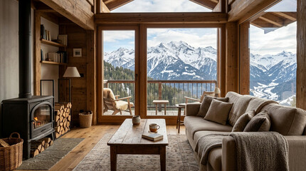 Fototapeta premium Cozy rustic mountain chalet living room with crackling fireplace and stunning snowy alpine view