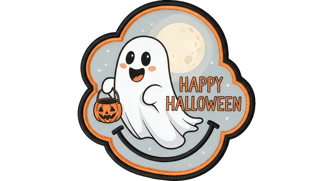 Cute cartoon ghost holding a pumpkin bucket for a fun hallowen holiday celebration