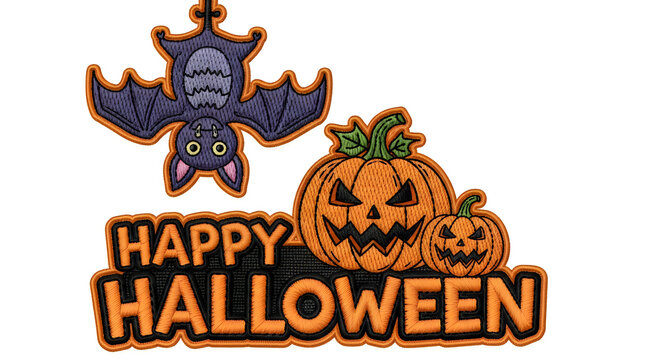 Festive happy hallowen graphic design featuring spooky carved pumpkins and a flying bat