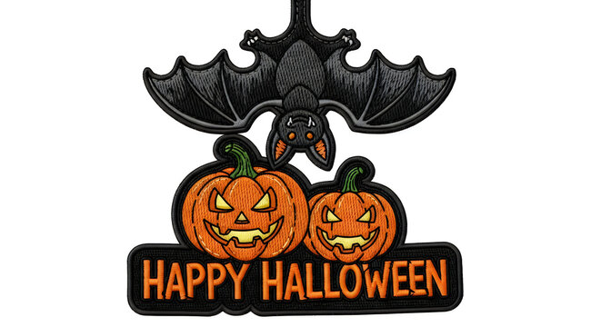 Decorative hanging sign featuring spooky carved pumpkins and a bat for hallowen celebrations