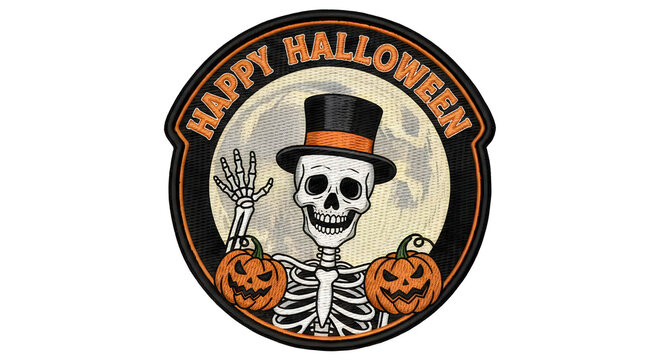 Vintage style round badge featuring a skeleton wearing a hat for happy hallowen