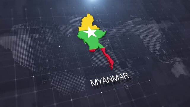 Myanmar map with national flag on digital world map background, geographic border, global political and international news concept