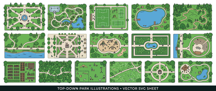 Vector Illustrations of Various Top-Down Park Layouts