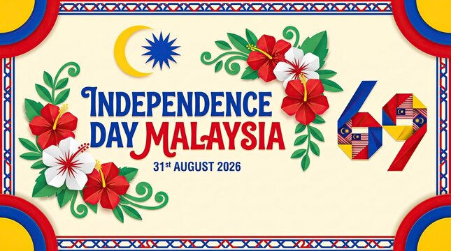 69th Malaysia Independence Day festive flat vector banner featuring red hibiscus flowers green leaves and geometric flags