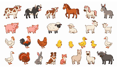 Naklejka premium Cute Farm Animals Cartoon Vector Collection