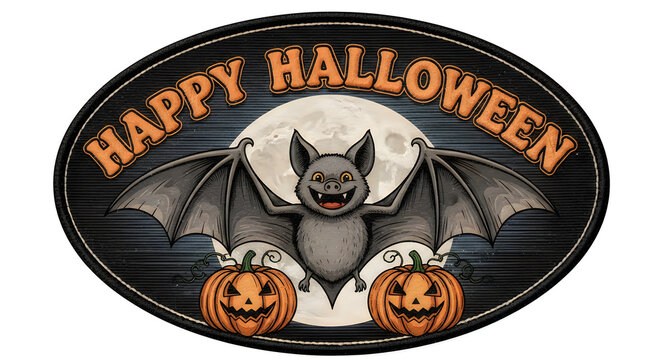 A festive oval sign featuring a cute bat and pumpkins for hallowen celebrations