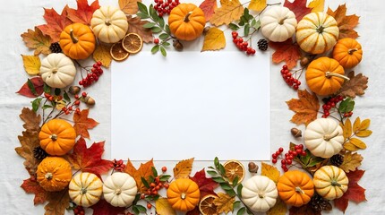 Fototapeta premium Autumn wreath of pumpkins and colorful fall leaves on white background