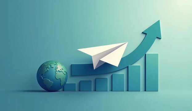 Paper Plane Soaring along Upward Bar Chart and Globe