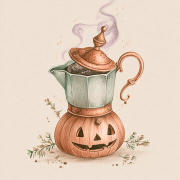 Vintage moka pot coffee maker on carved halloween pumpkin with purple steam illustration