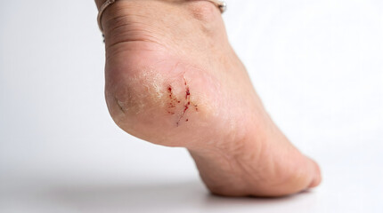 Fototapeta premium Cracked heel with painful bleeding wound on dry skin close up isolated on white background. AI generated. 